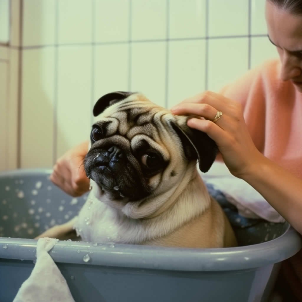 A Pug Having a Bath