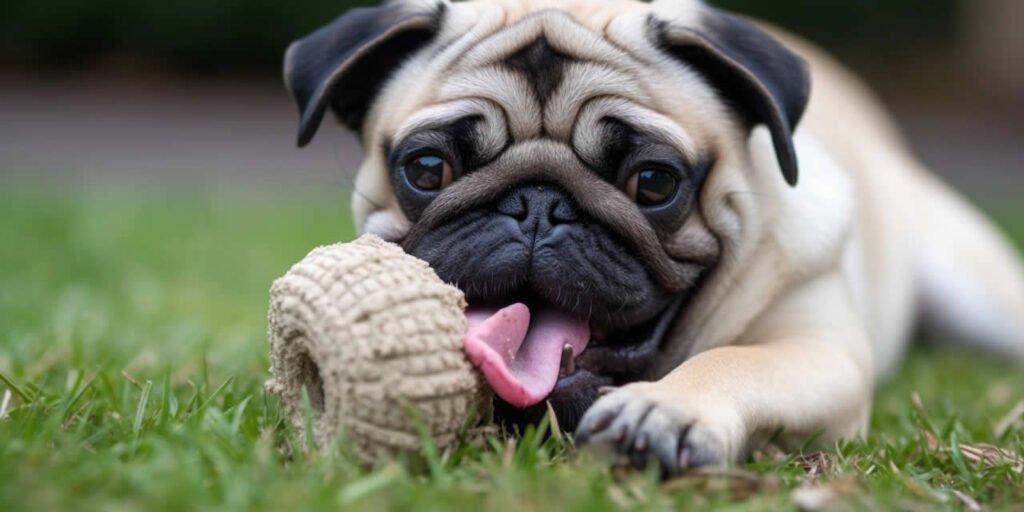 Pug Licking a Chew Toy