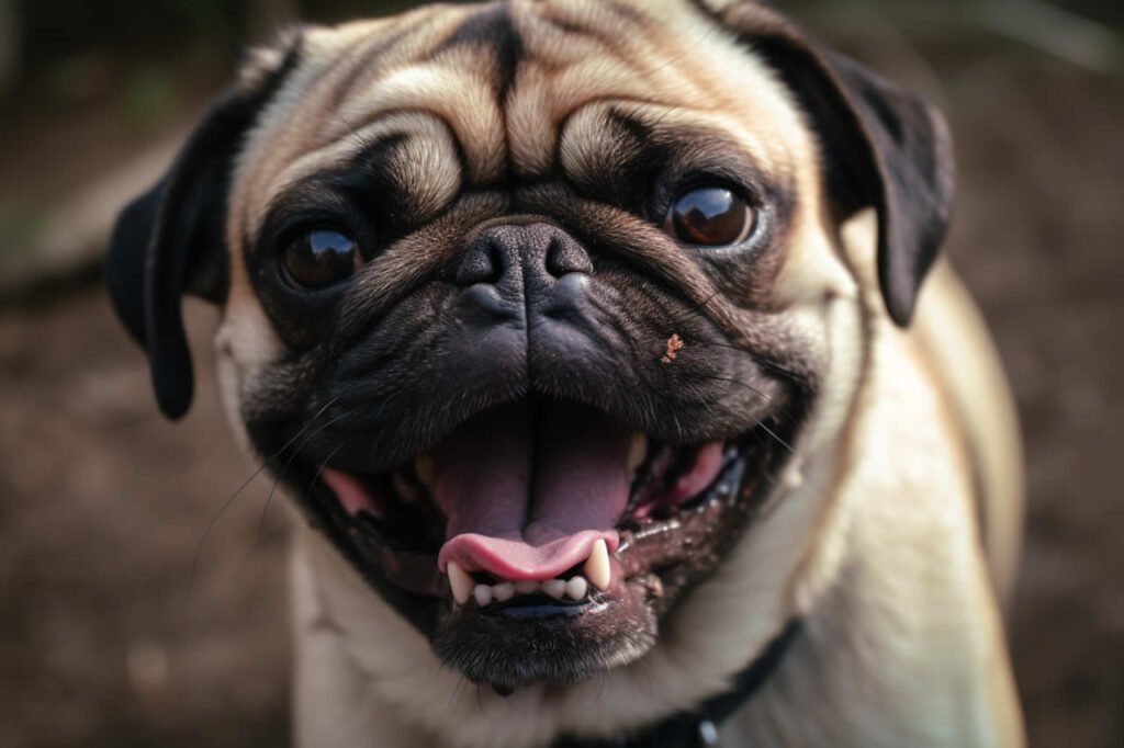 A pug with his mouth open and teeth showing