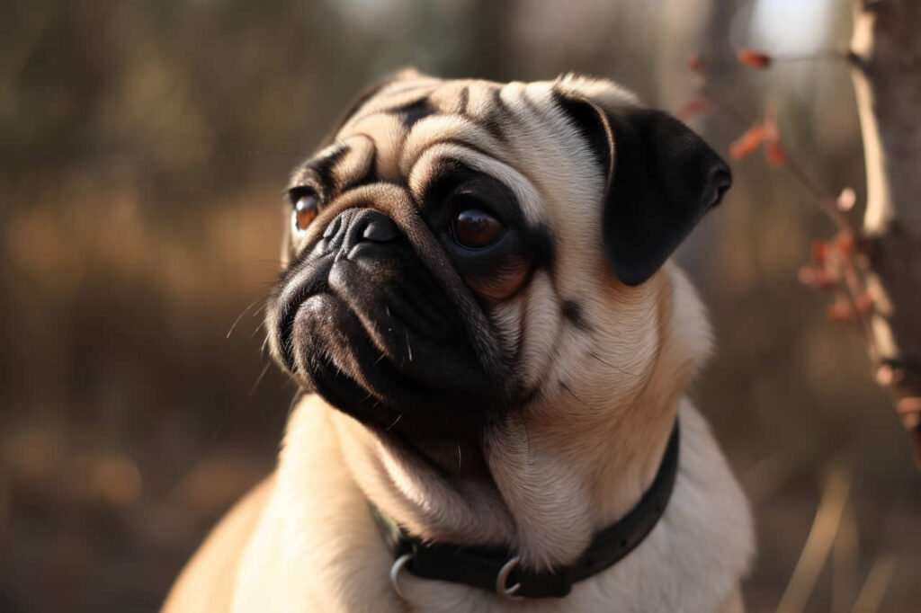 A handsome pug wearing a collar in an outside setting