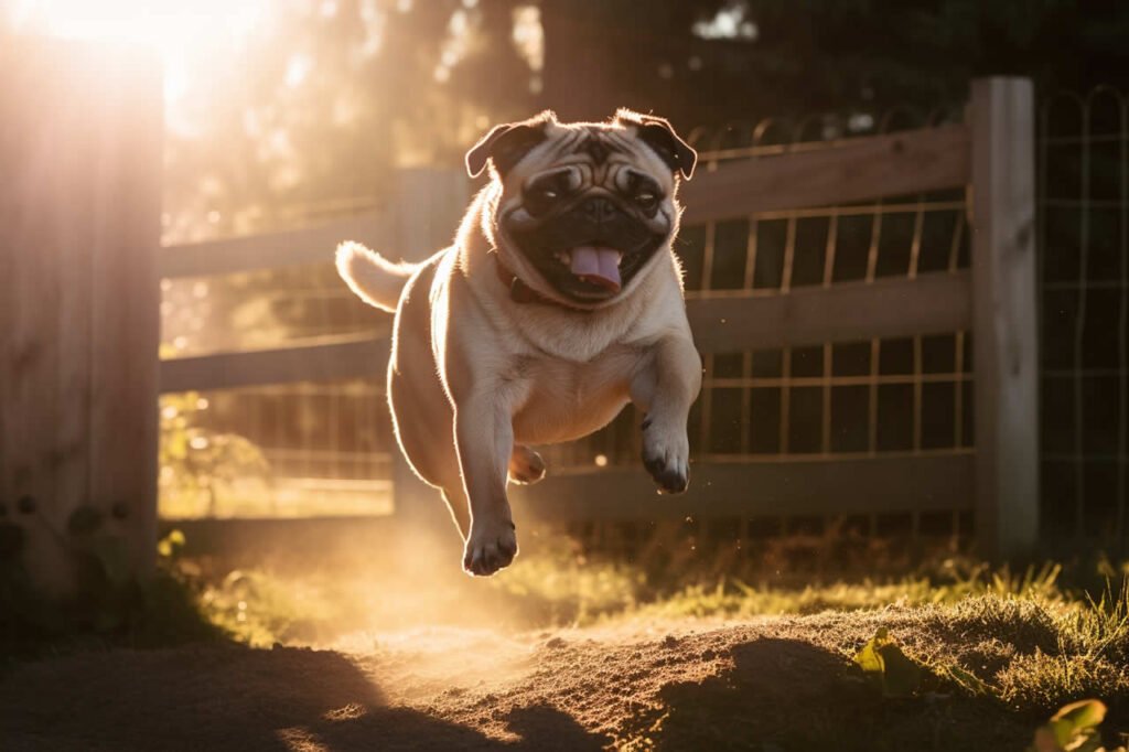 A pug running and leaping  into the air, outside on a sunny day