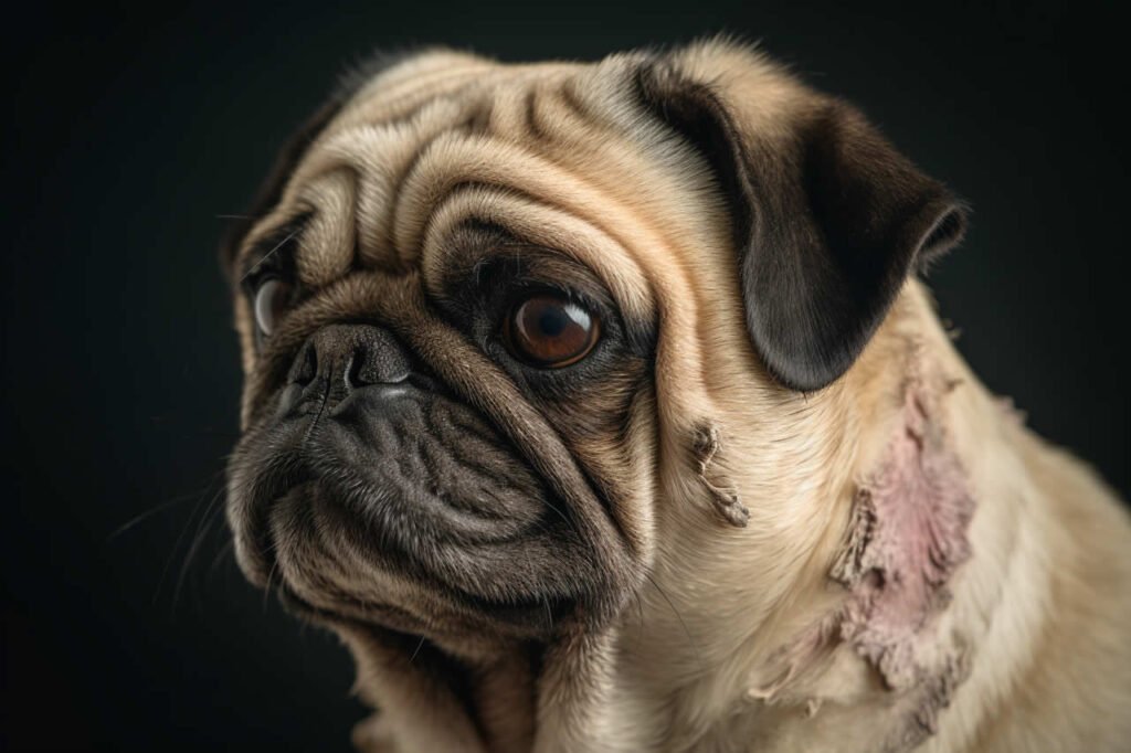 A pug with dermatitis and a bald patch