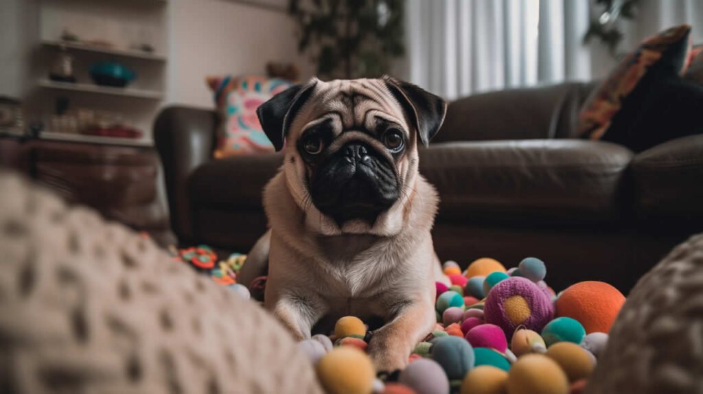 A pug in a living room surrounded by colorful toys