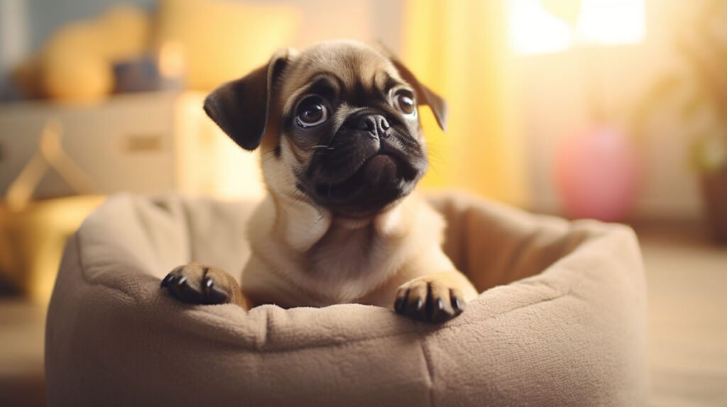 A pug puppy in a dog bed