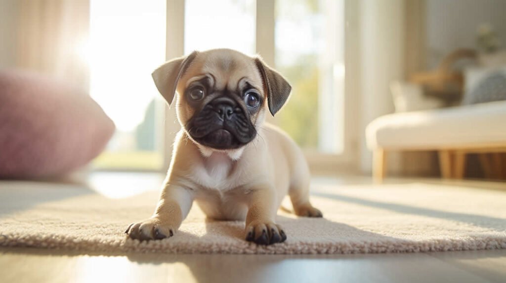 A pug puppy standing on a rug in a well-lit living room