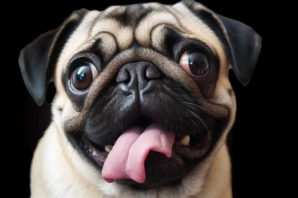 A close up photo of a cute pug with his tongue hanging out