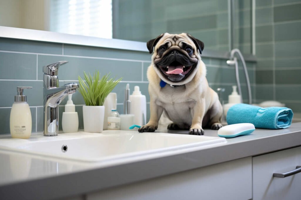 A pug sitting on a bathroom counter