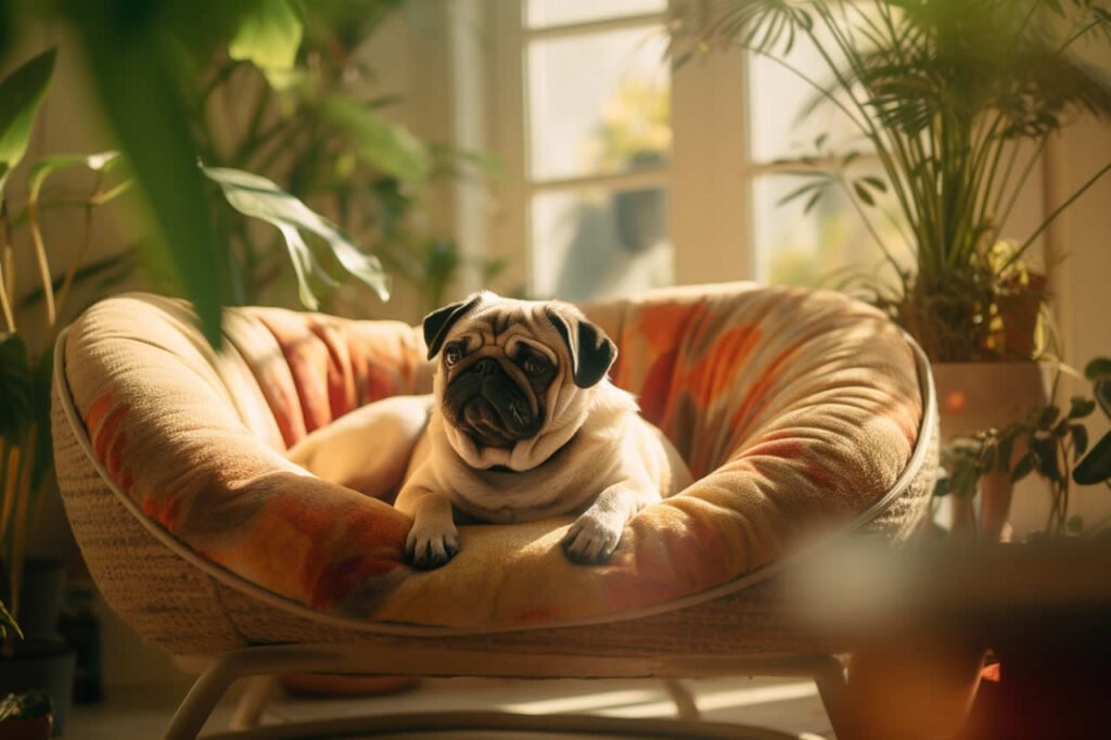 A pug sitting in a chair, surrounded by house plants