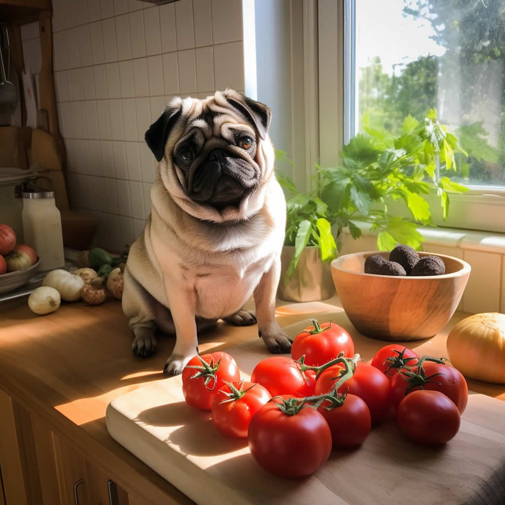 A pug sitting on a kitchen bench with some tomatoes and other vegatables