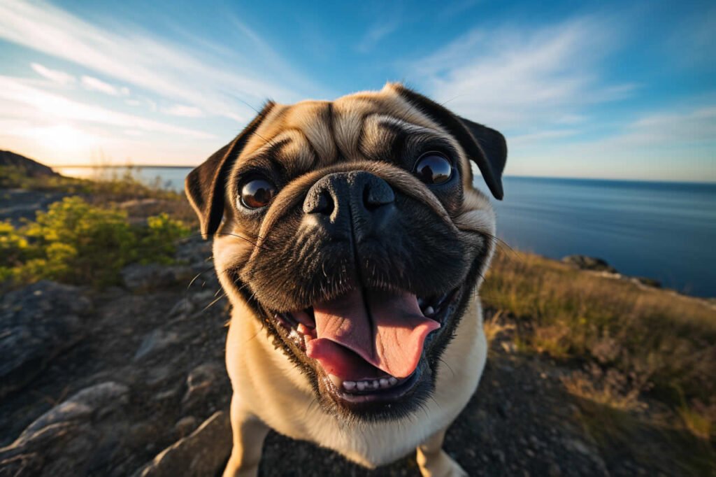 A smiling pug outside near the ocean