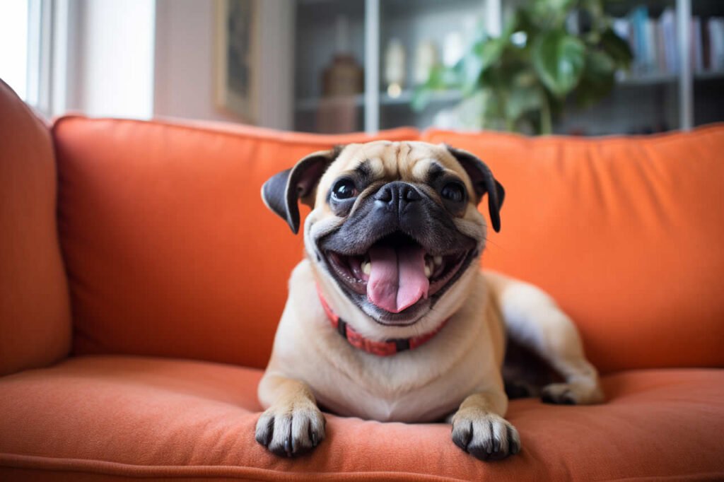 A smiling. happy pug sitting on an orange leather couch