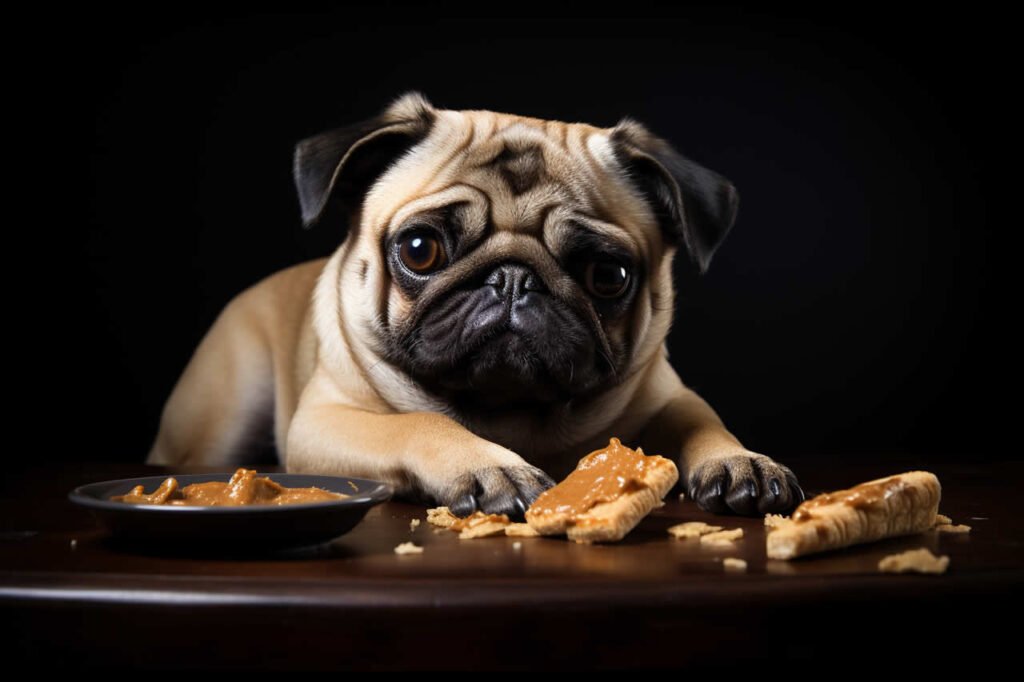 An adoable pug eating some peanut butter treats