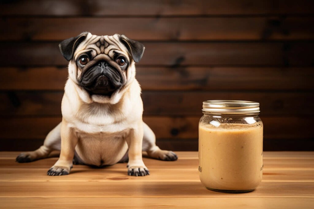 A pug sitting patiently next to a jar of peanut butter